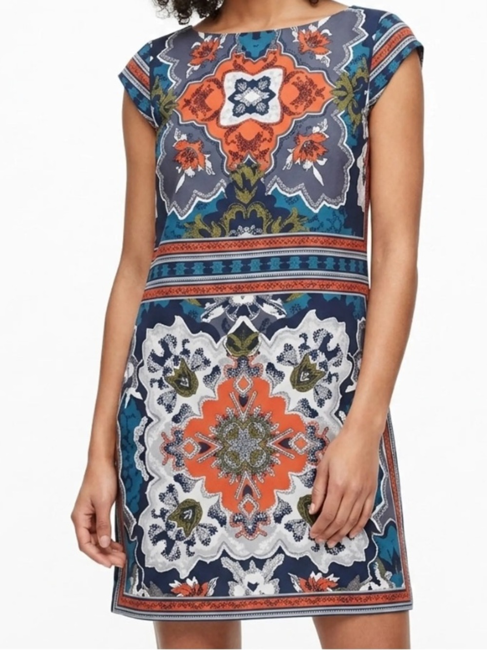 Banana Republic Navy, Orange & Teal Printed Cap-Sleeve Mini Dress
